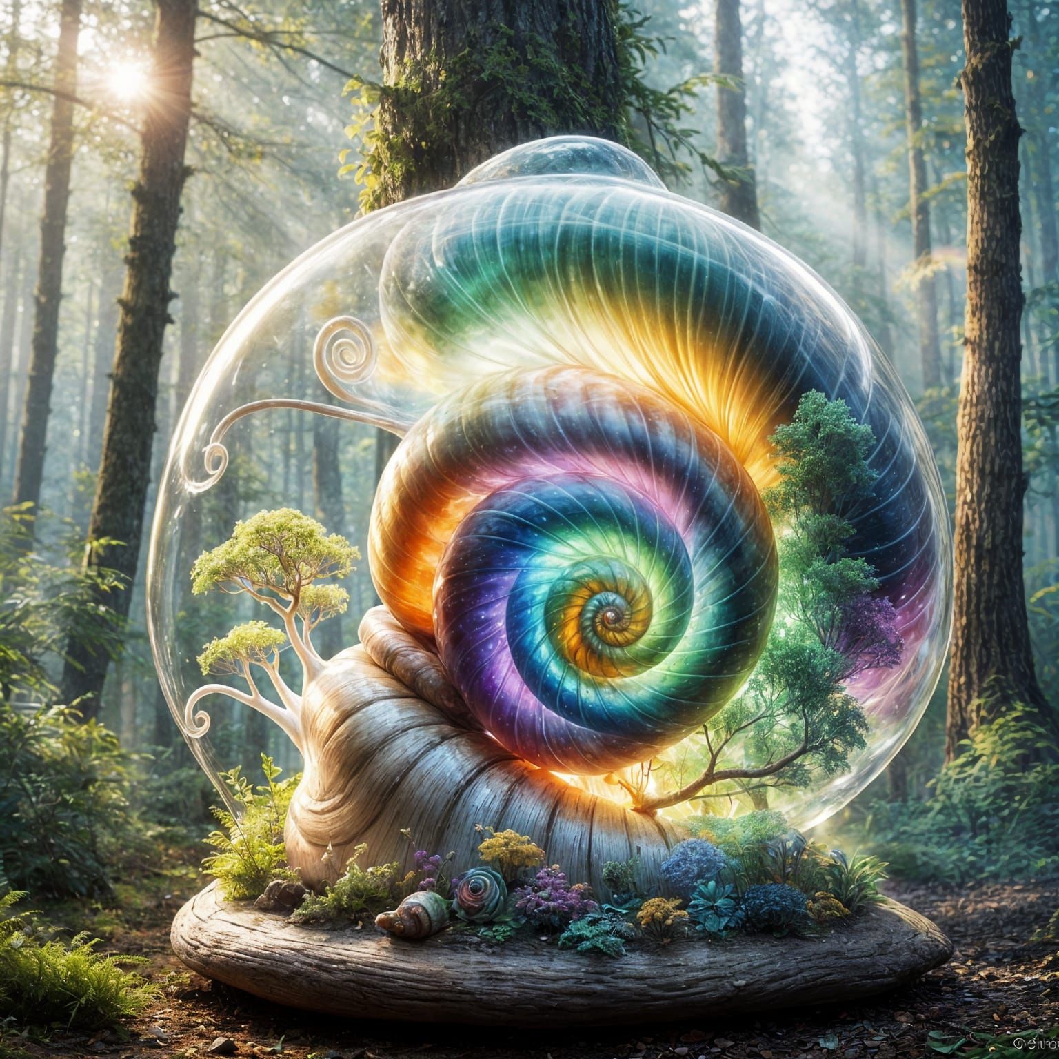 Rainbow Snail Lamp in Forest, Detailed Matte Painting