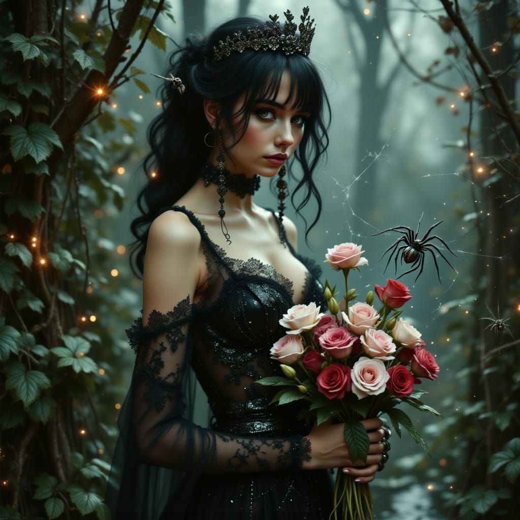 Gothic Goddess in Black Lace with Spiderweb Roses