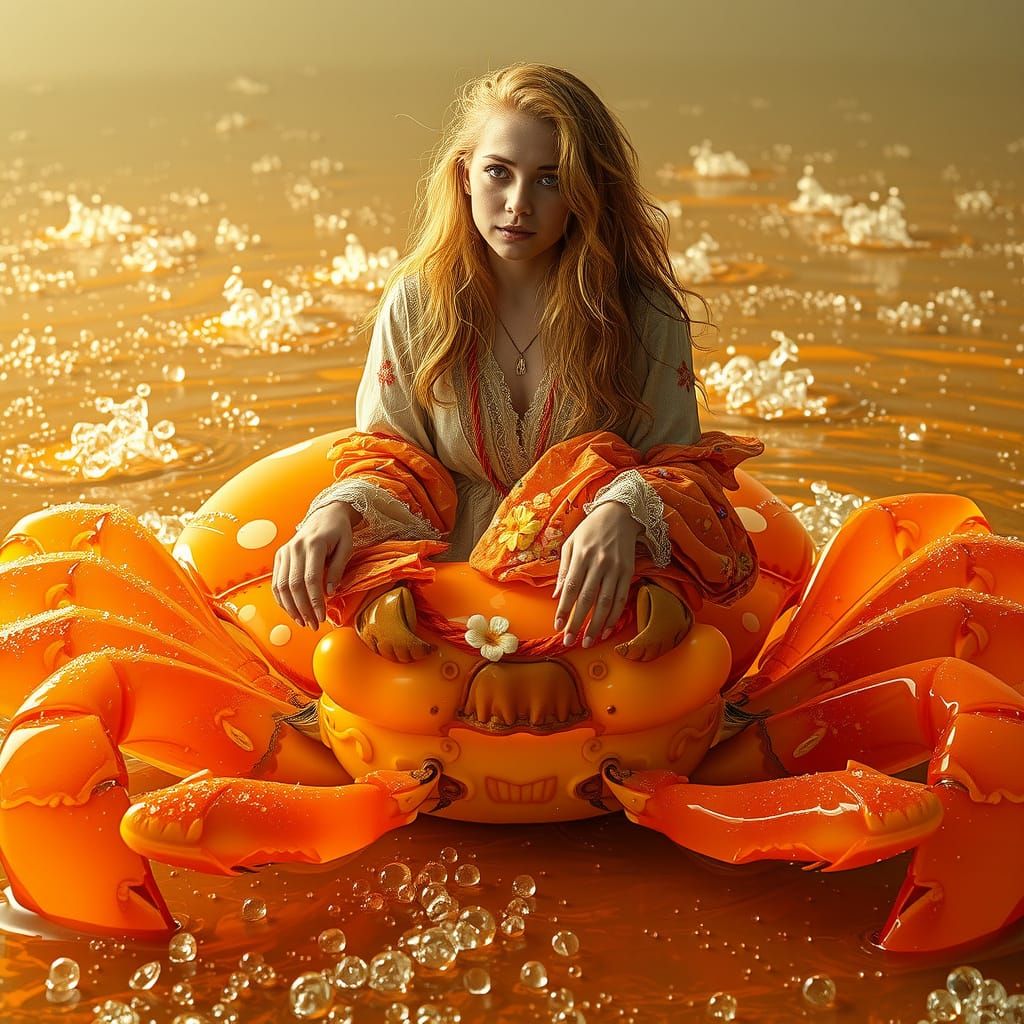 Woman on Gummy Crab in Surreal Soda Sea
