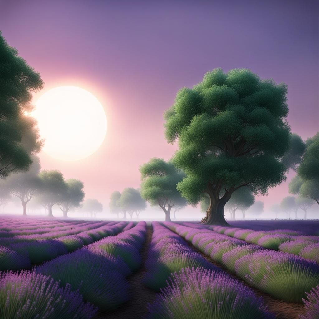 Viridian Field Under Lavender Sky, Detailed Matte Painting
