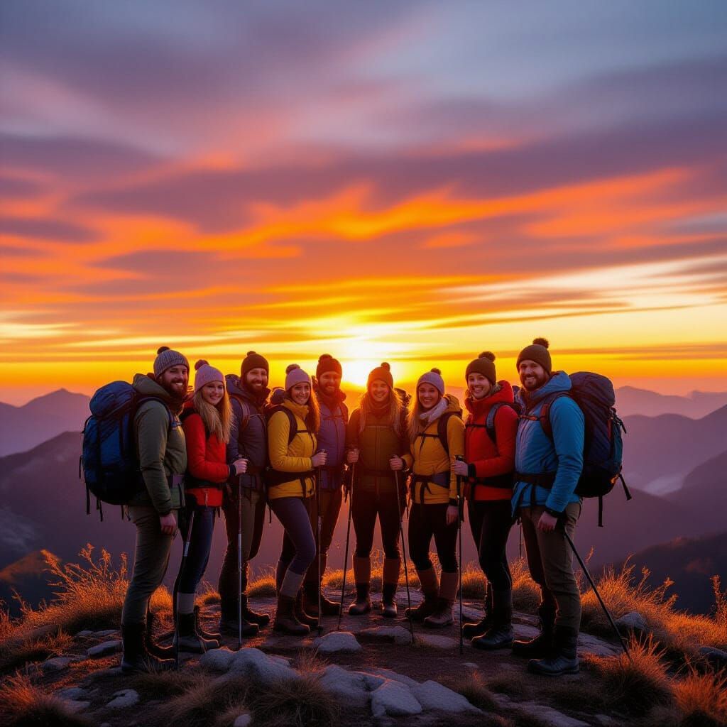 Friends Posing on Hilltop at Sunset as Digital Art