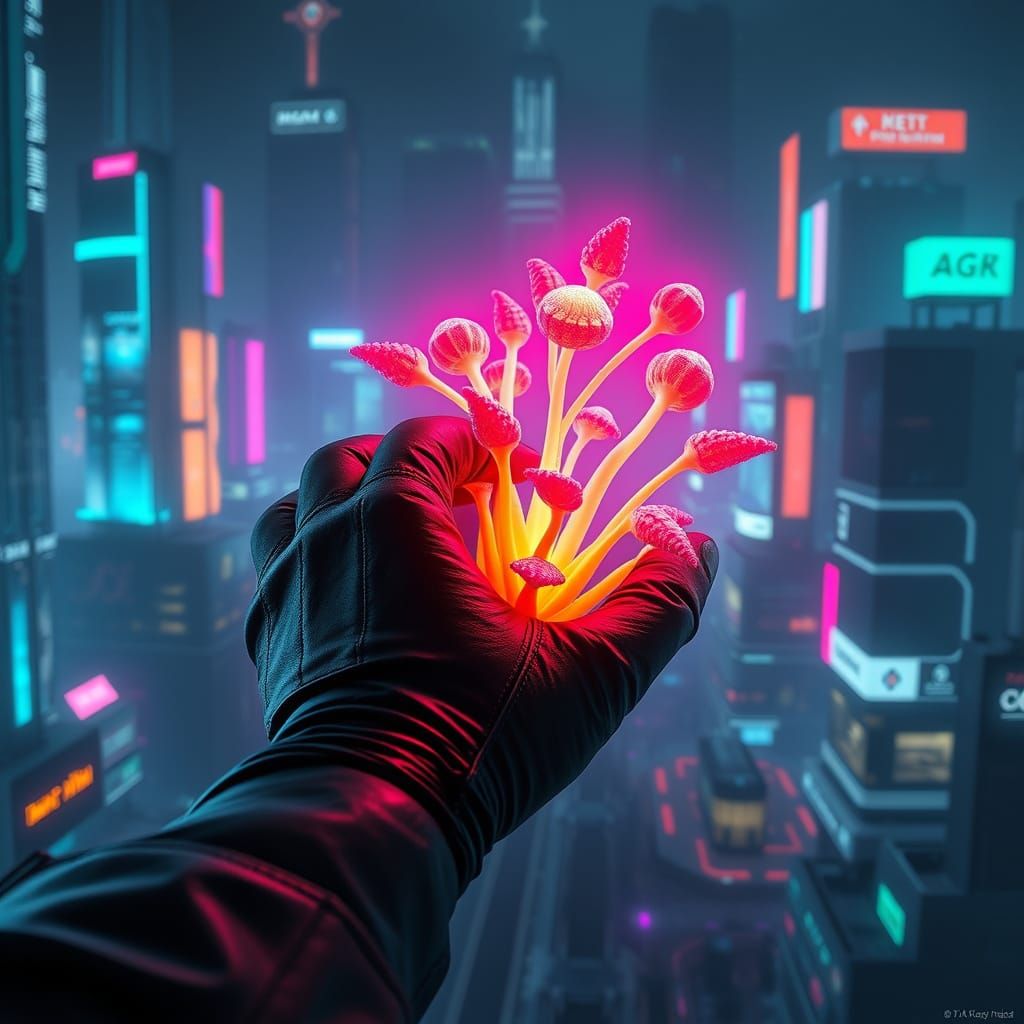 Gloved Hand Grasping Glowing Plant in Cyberpunk City