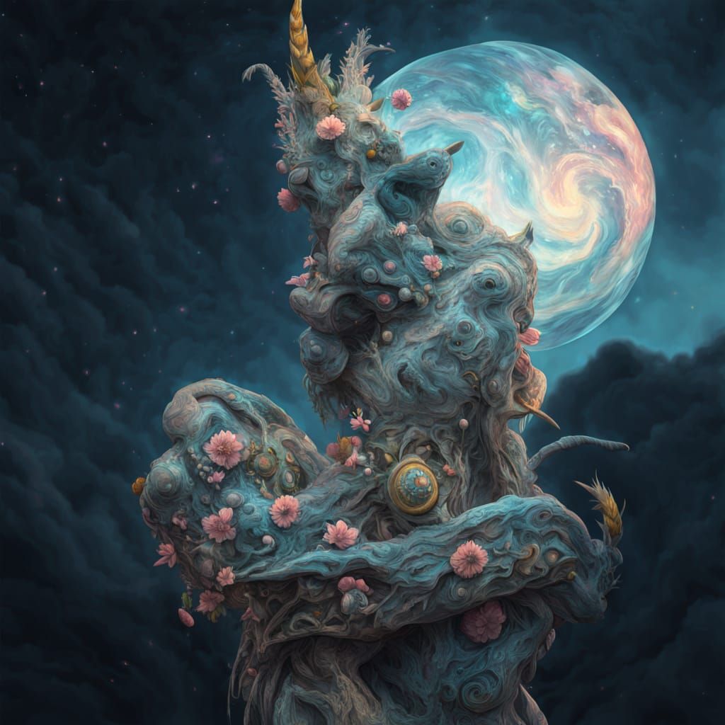 Mystical Shaman on Floating Island in Klimt Style