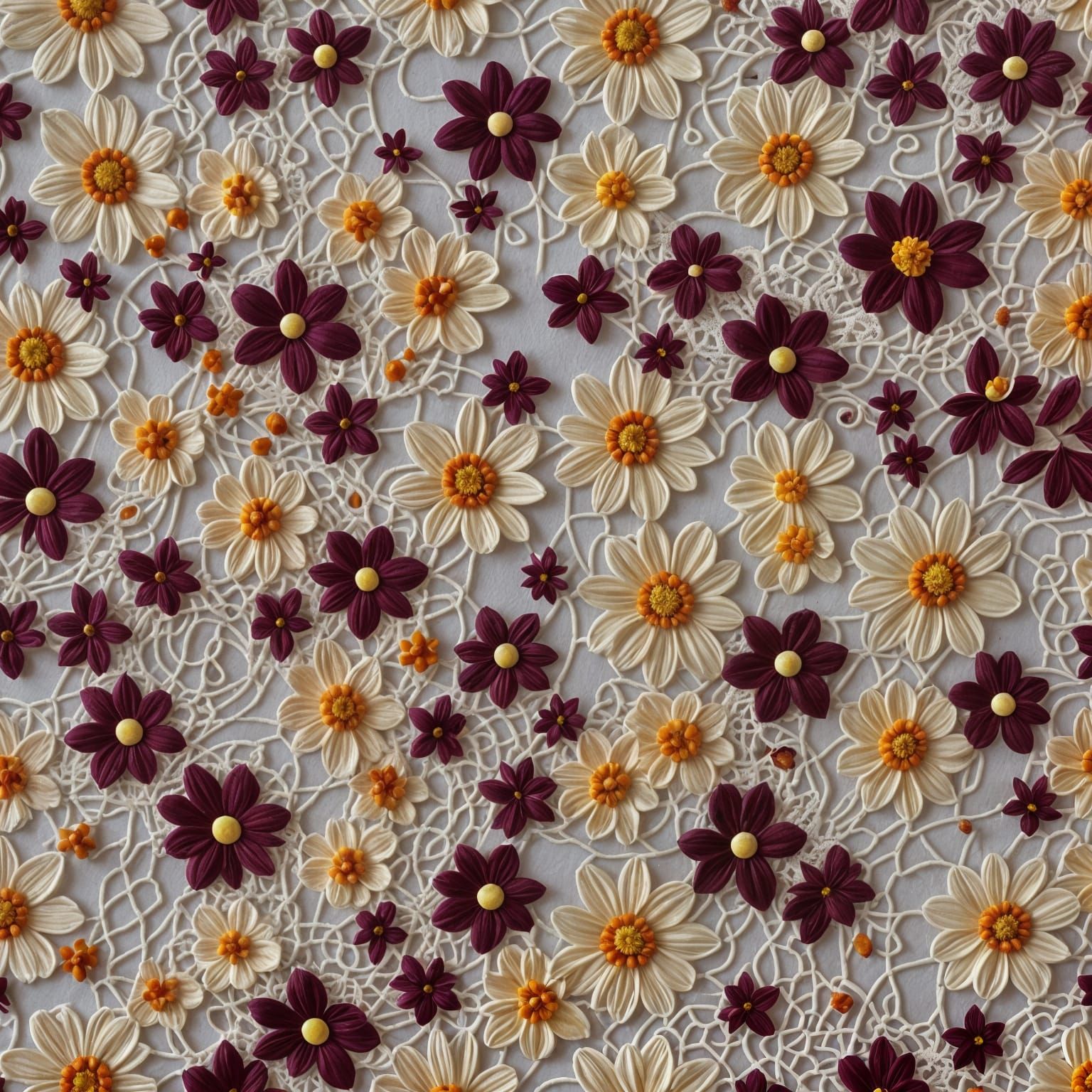 Lace Fabric with Pink and Burgundy Passion Flowers