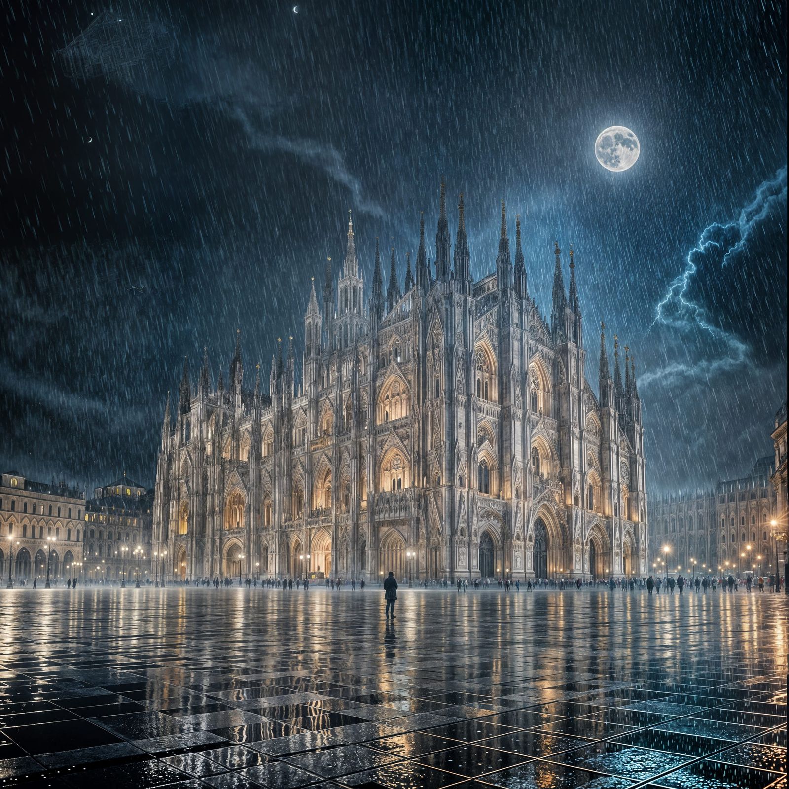 Ethereal Duomo in Midnight Downpour