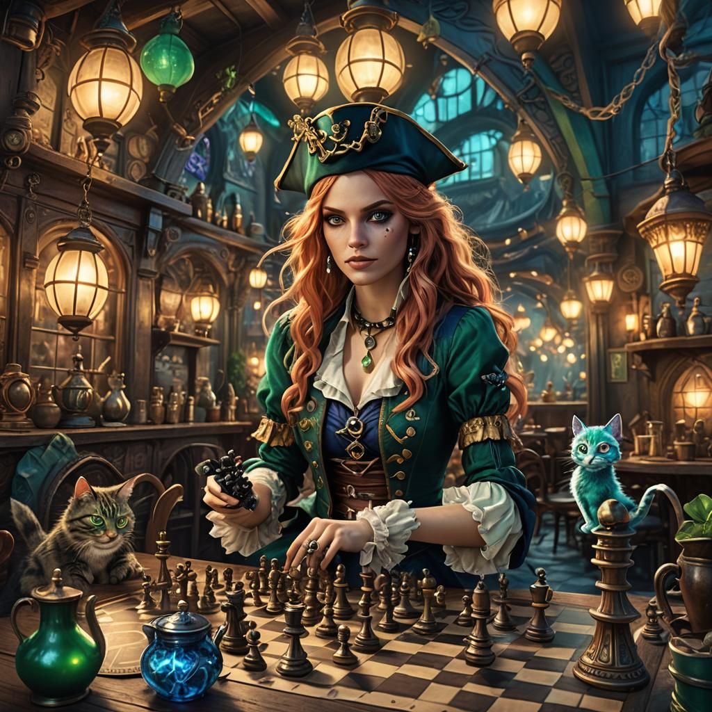Alice as Pirate Plays Chess in Steampunk Cafe