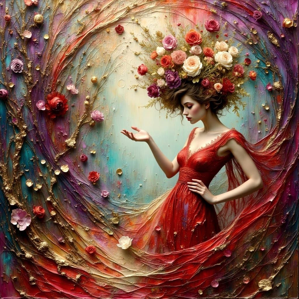 Textured Impasto Dreamscape in Red, Gold, and Teal