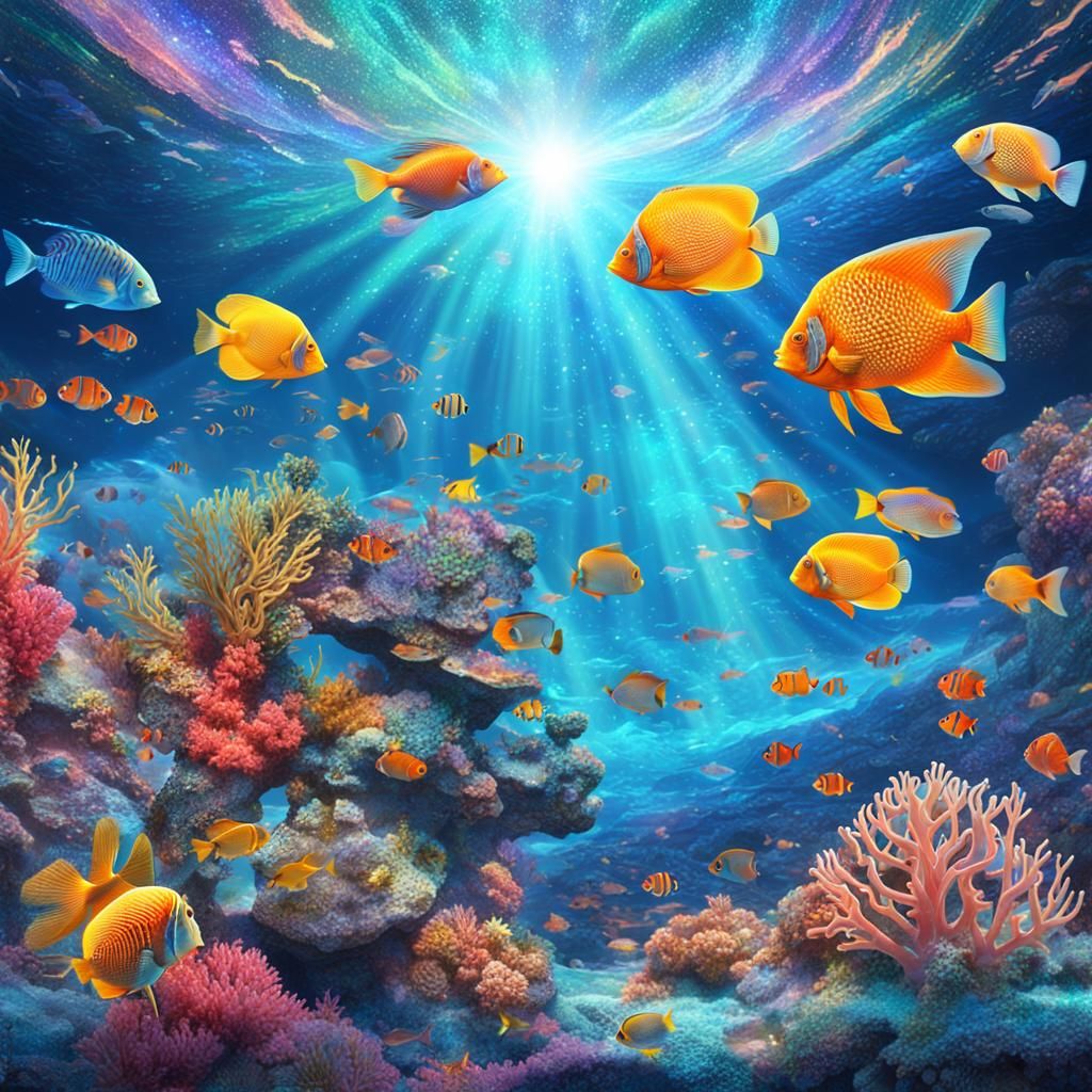 Sunlit Wave Over Coral Reef, Cosmic Illustration