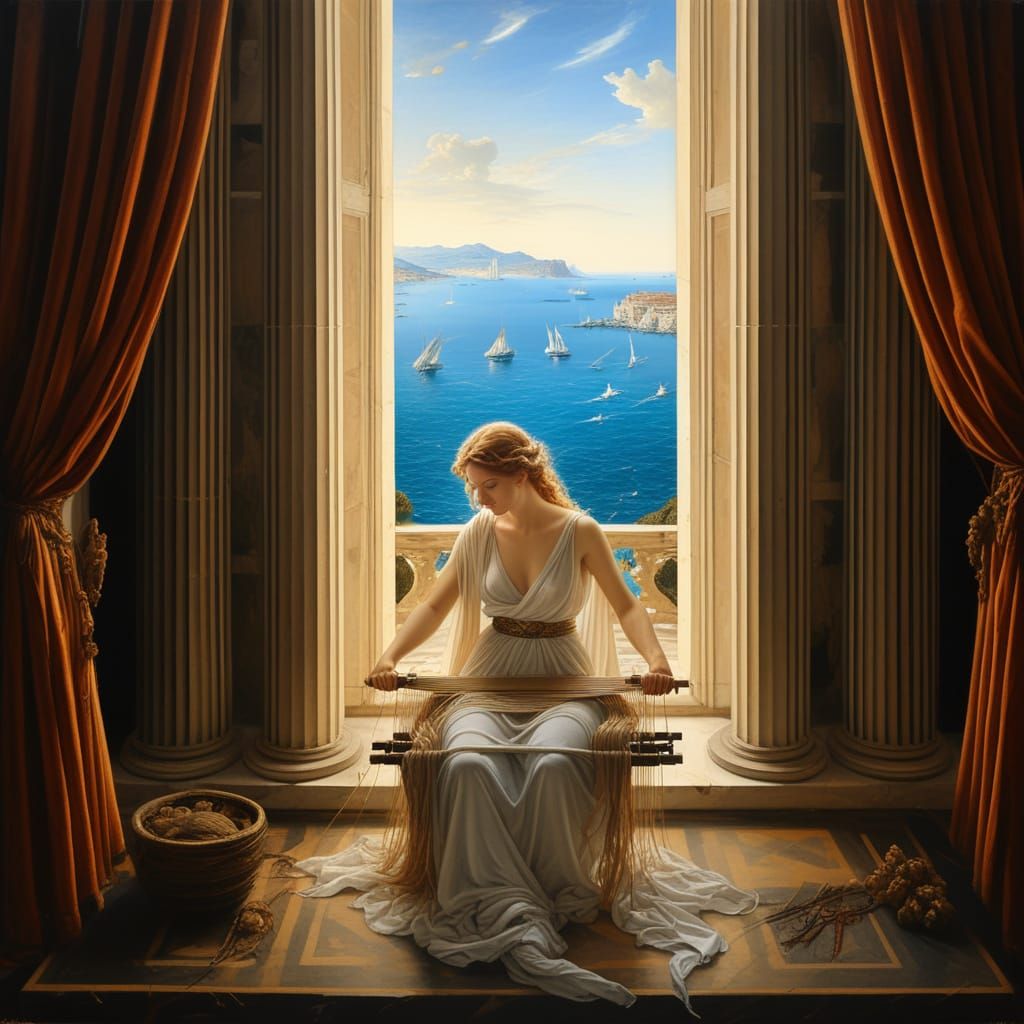 Ancient Greek Princess Weaving by the Ocean