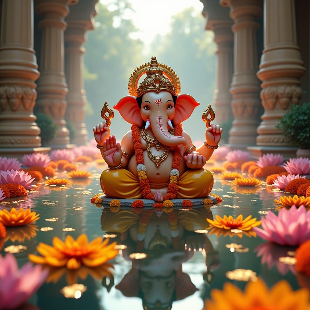 Ganesha Idol Visarjan Ceremony in a Lotus Pool