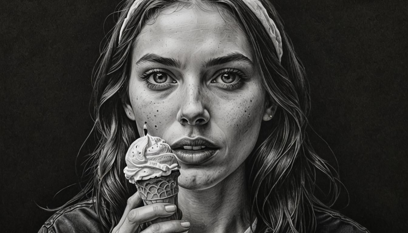 Detailed Pencil Portrait of Young Woman with Ice Cream