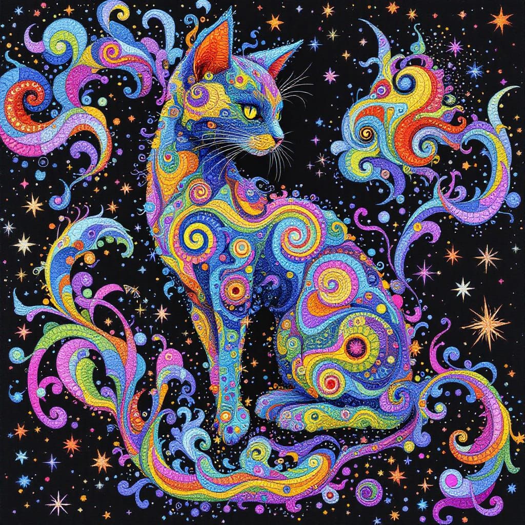 Iridescent Zentangle Cat in Psychedelic Mixed Media