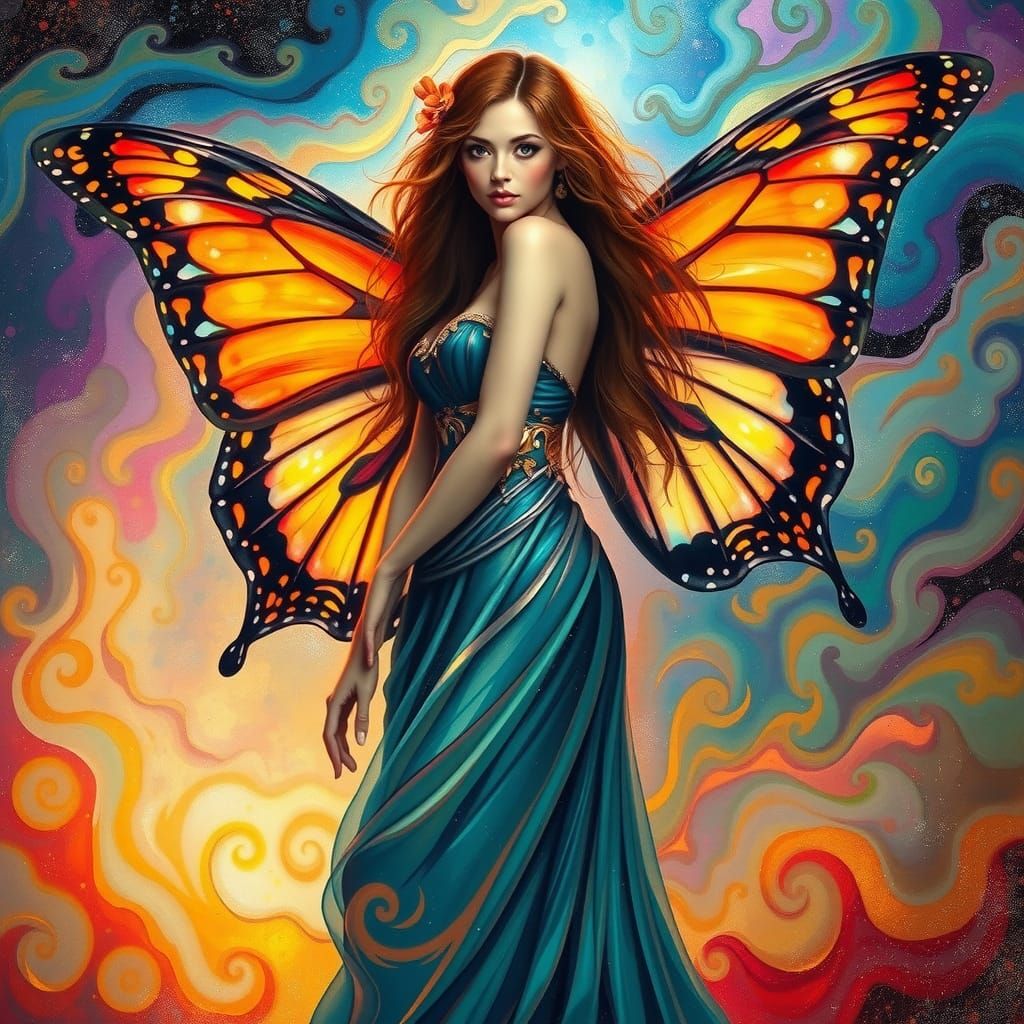 Stunning Fairy Queen with Butterfly Wings in Art Nouveau Sty...