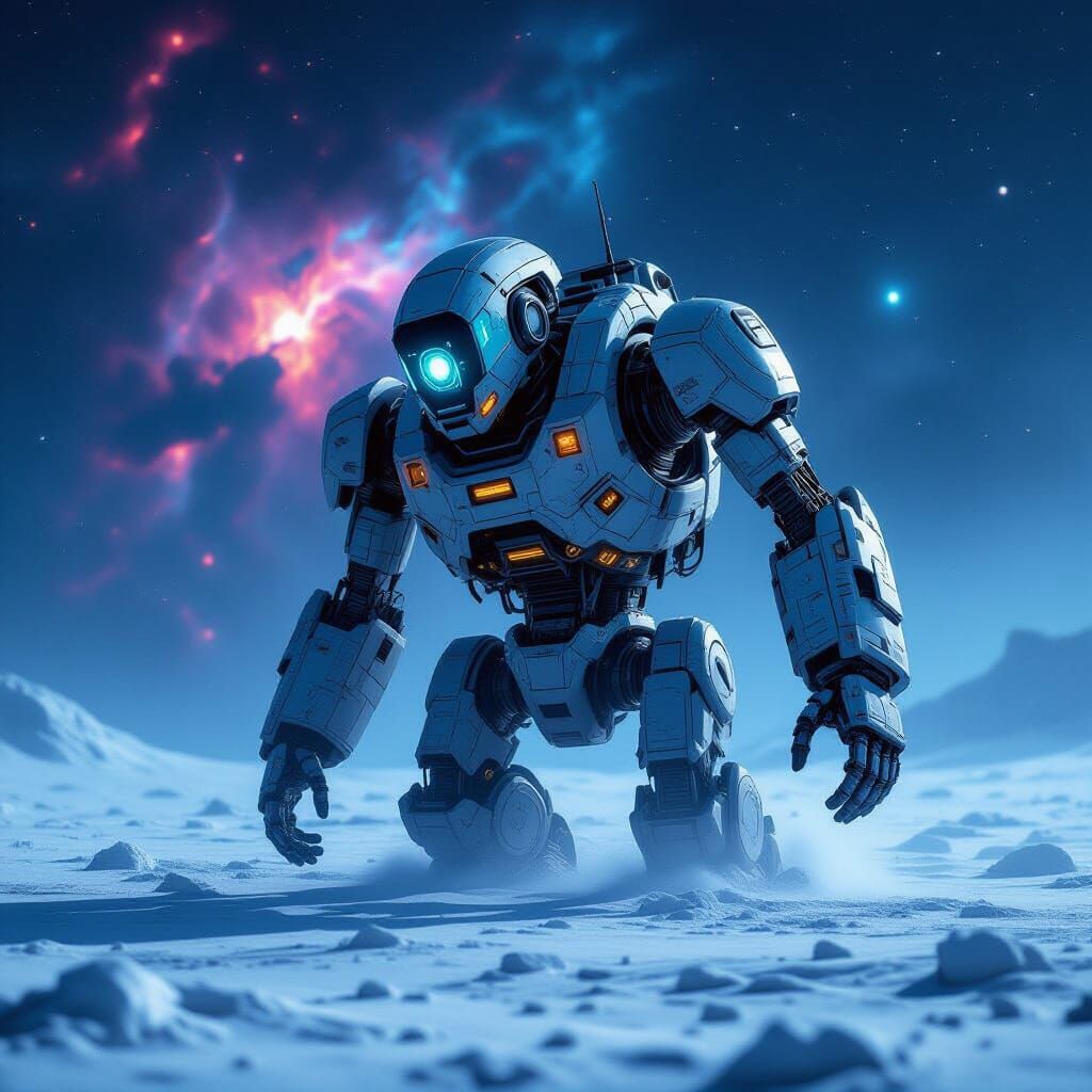 Deactivated Robot Drifting in Neon Space