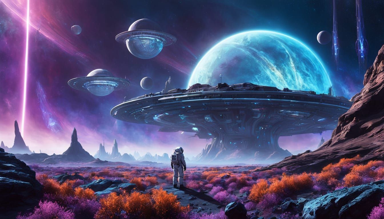 Astronaut and Bioluminescent Life on Alien Planet