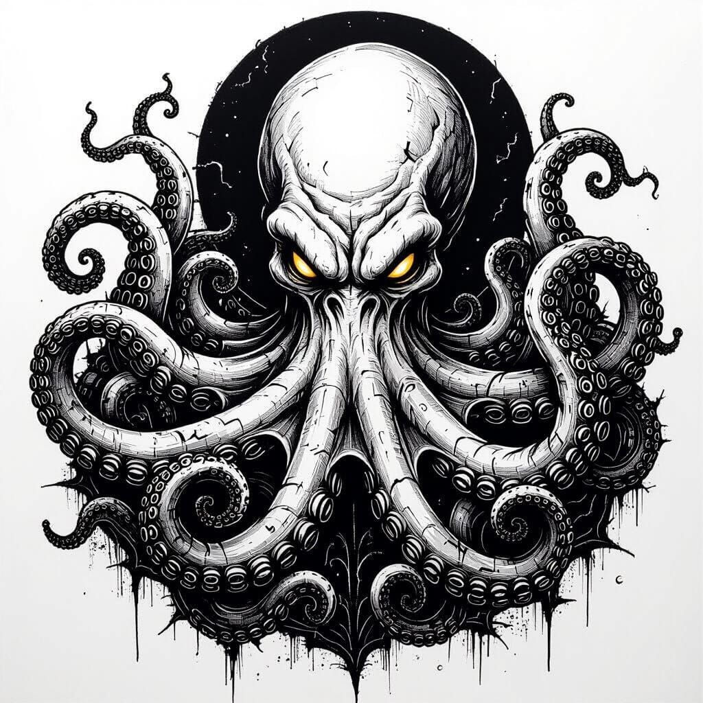 Cthulhu Octopus Ink Drawing with Disconnected Tentacles