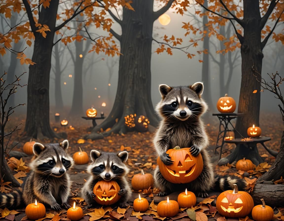Baby Raccoons Carving Pumpkin on Halloween Night