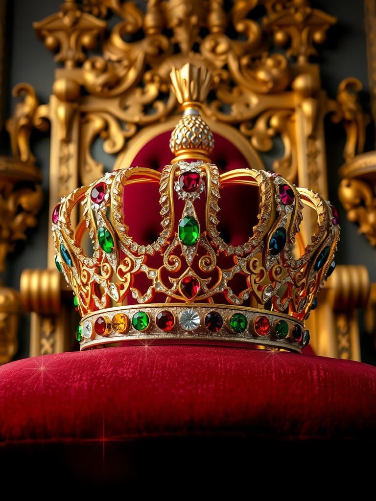 Ornate Golden Crown Set with Diamonds, Rubies, and Sapphires...