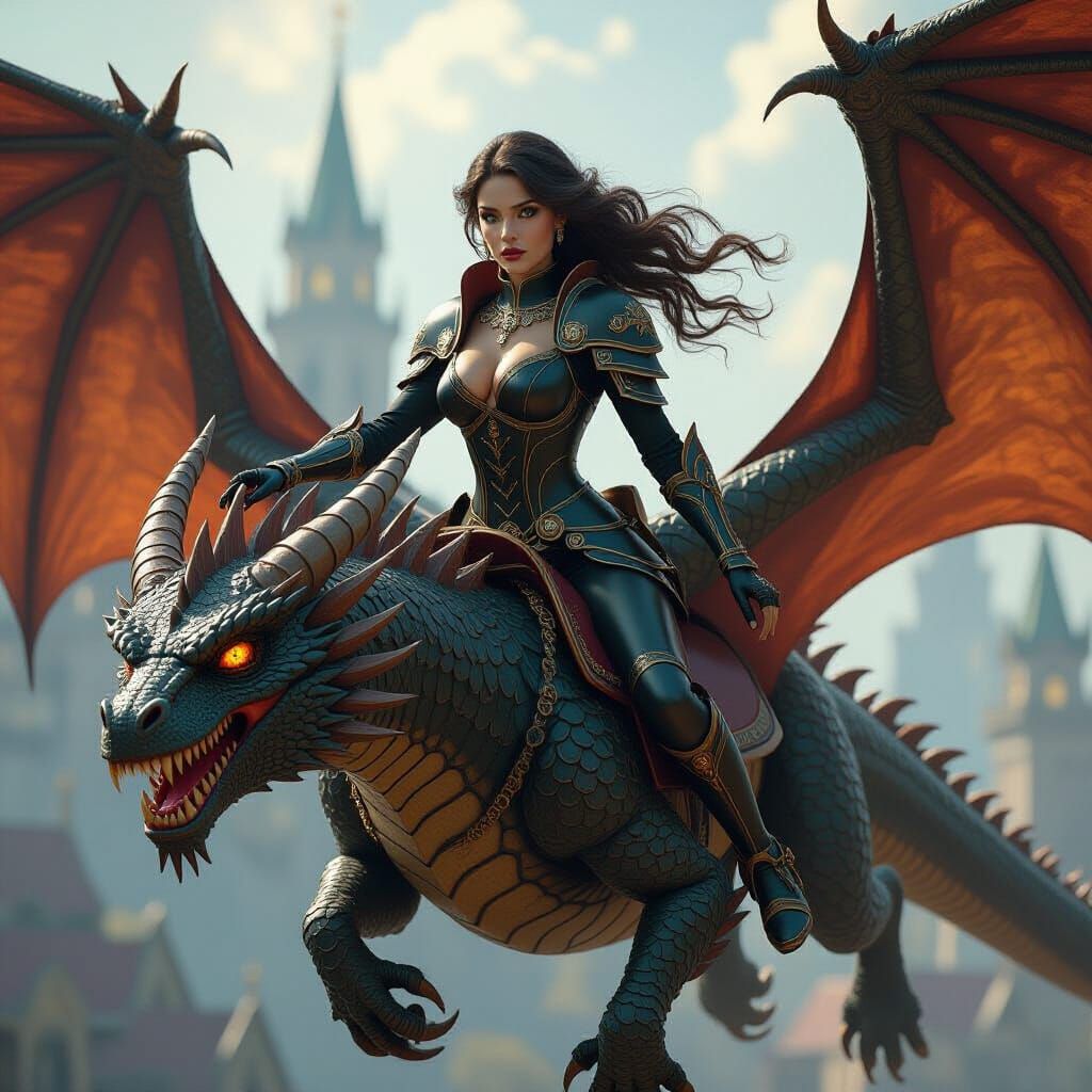 Armored Gothic Woman Riding Dragon in Dark Fantasy Art