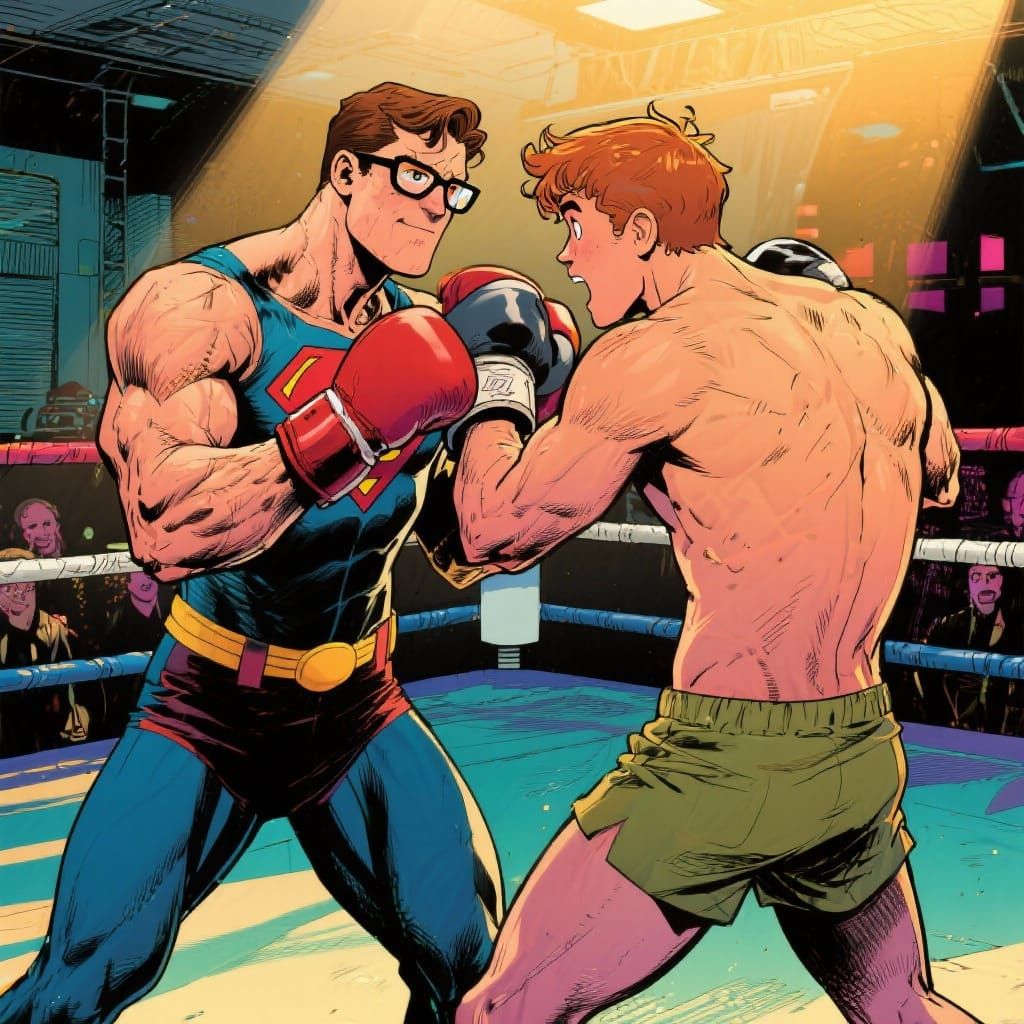 Clark Kent and Jimmy Olsen Boxing Match Comic Art