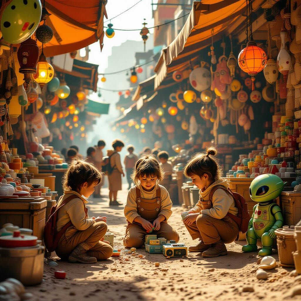 Children Playing in Alien Market as Polaroid Photo