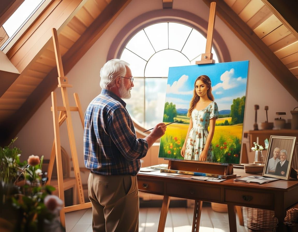 Artist Paints Young Lady's Portrait in Pastoral Attic