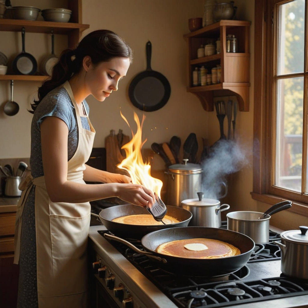 Sizzling Pancake Chaos in a Kitchen Setting