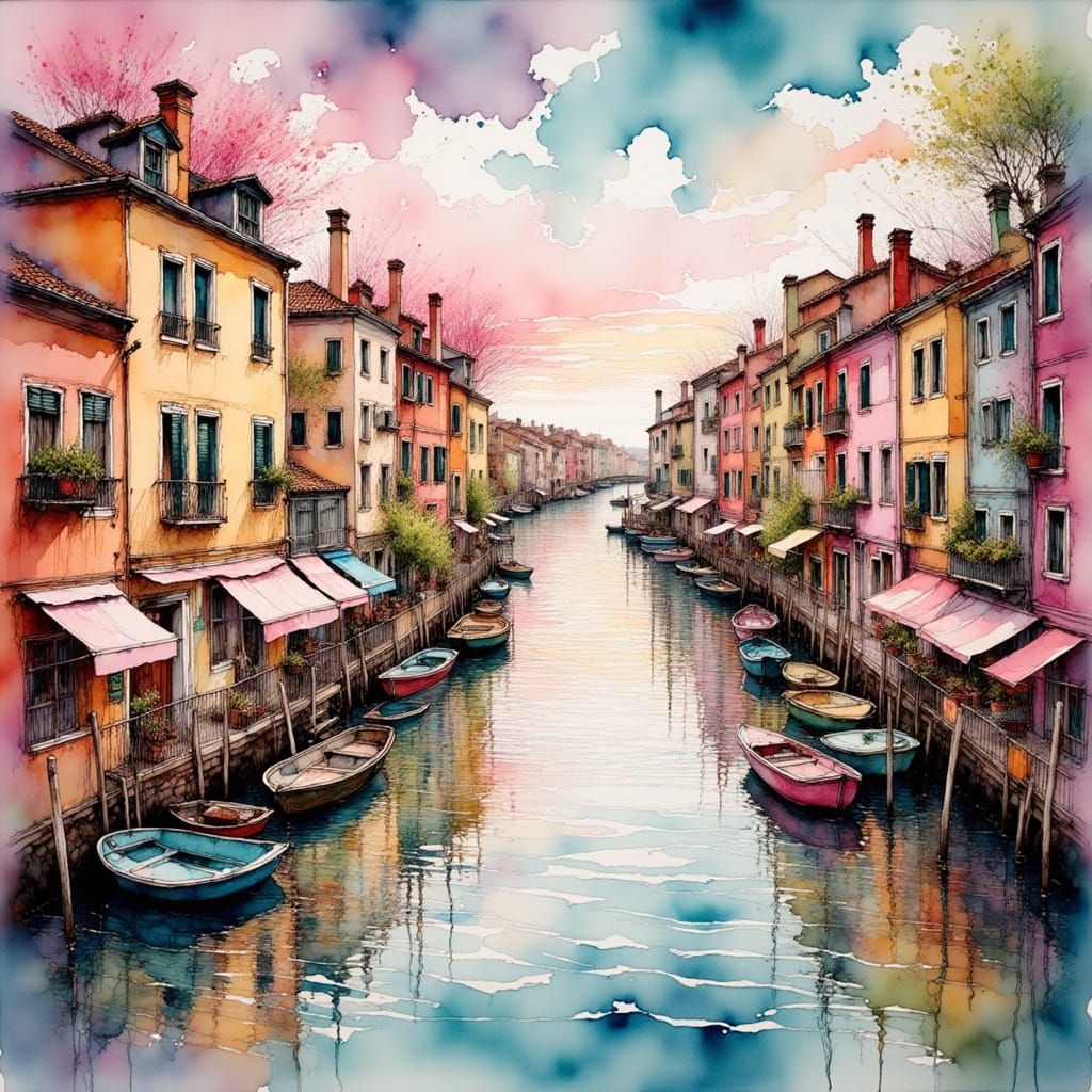 Venice Canals in Ink Wash Style