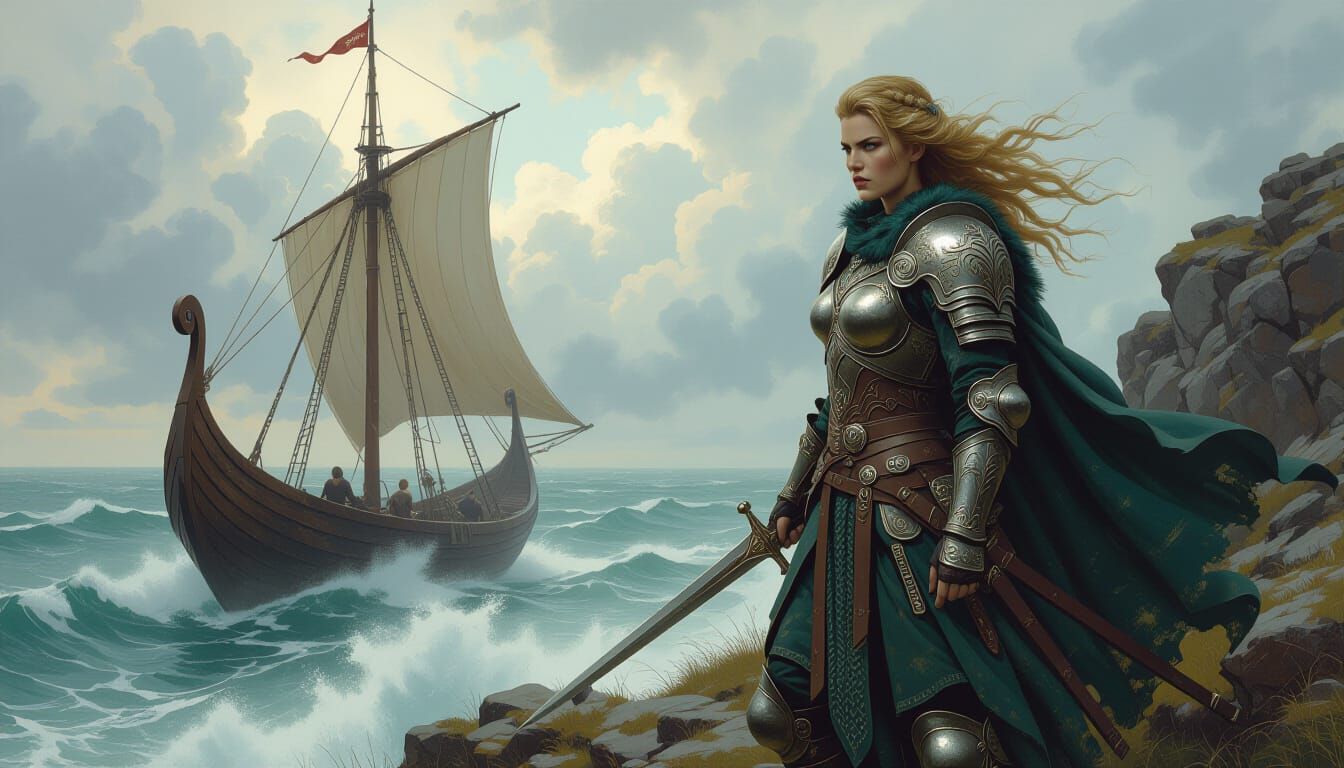 Viking Warrior Queen Overlooking Stormy Sea
