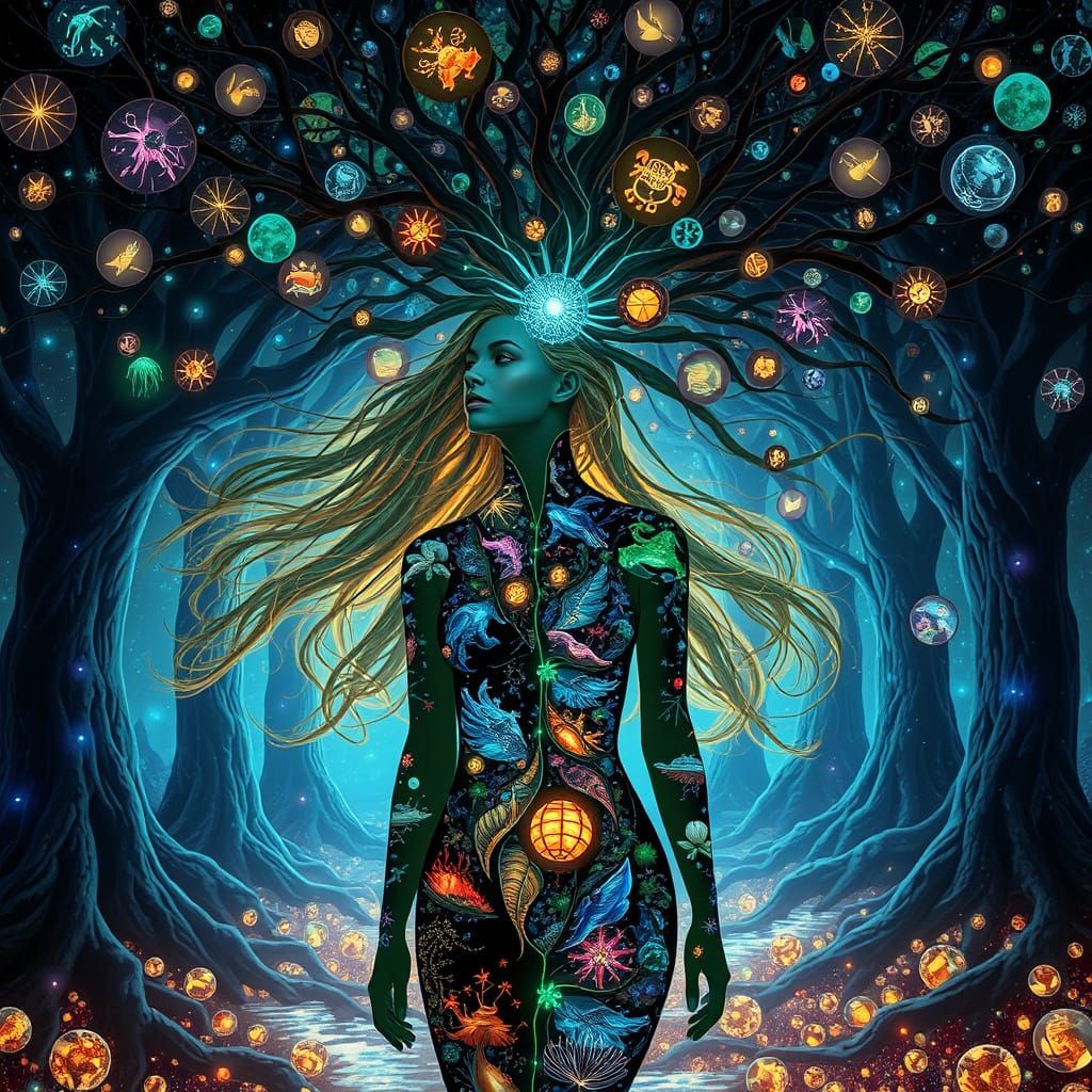 Bioluminescent Forest with Mirror Roots and Mythical Woman