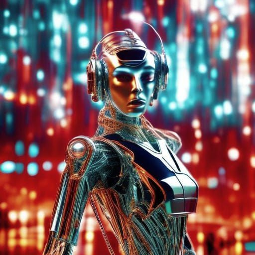 Silver Cyborg Woman in Futuristic City