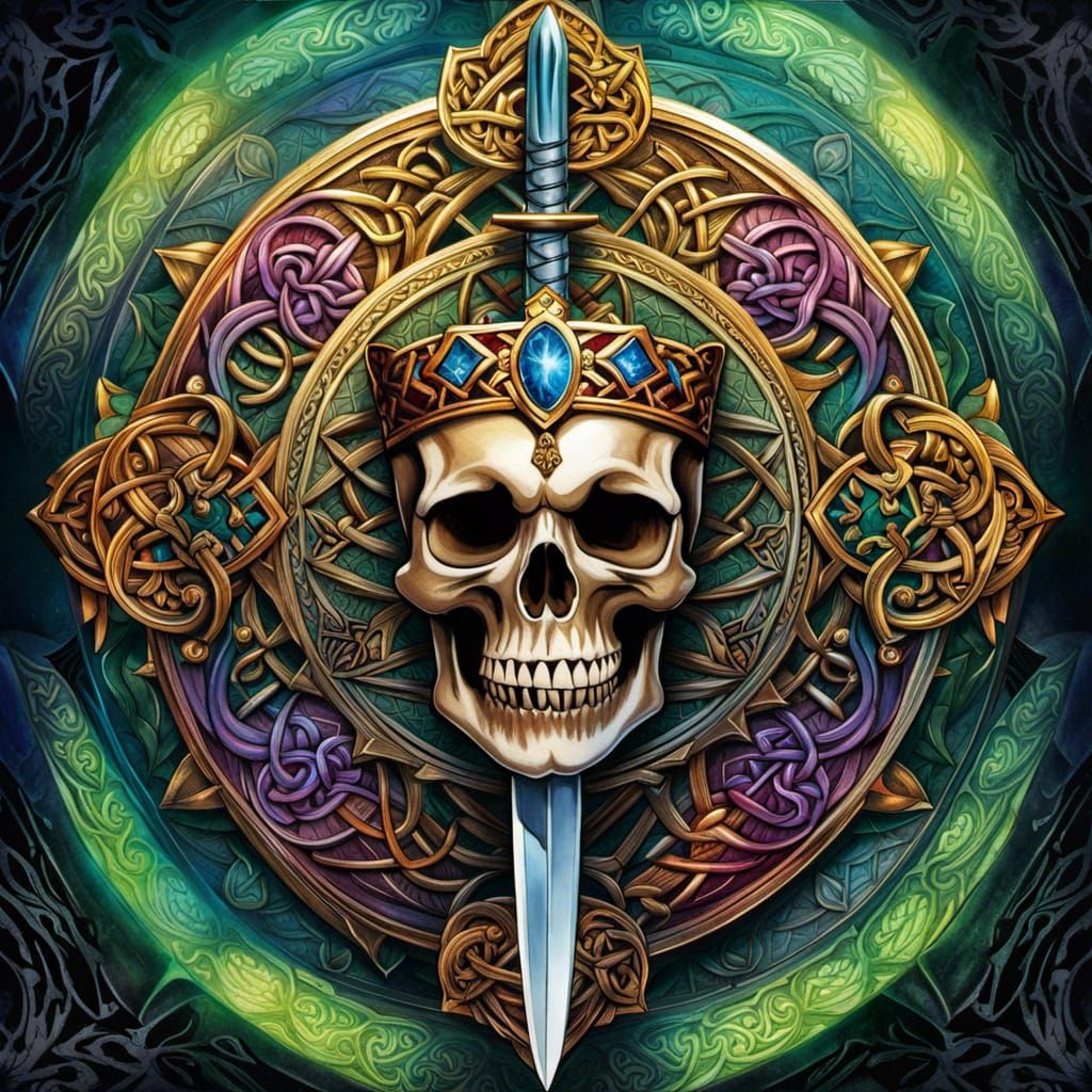 Celtic Skull King with Magical Sword in Watercolor