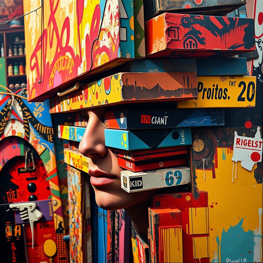 Hyperrealistic Oil Painting Stacked Canvases in Collage Styl...