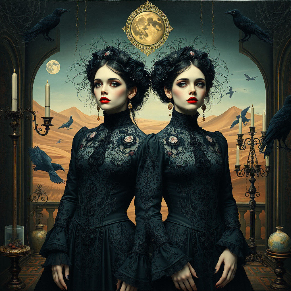 Gothic Twins in Haunted House with Surreal Landscape