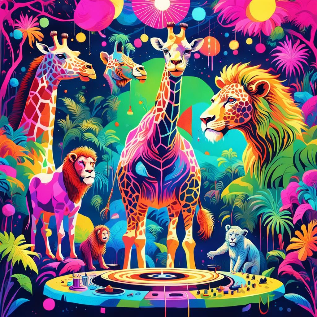 Vibrant Jungle Party as Surrealist Masterpiece