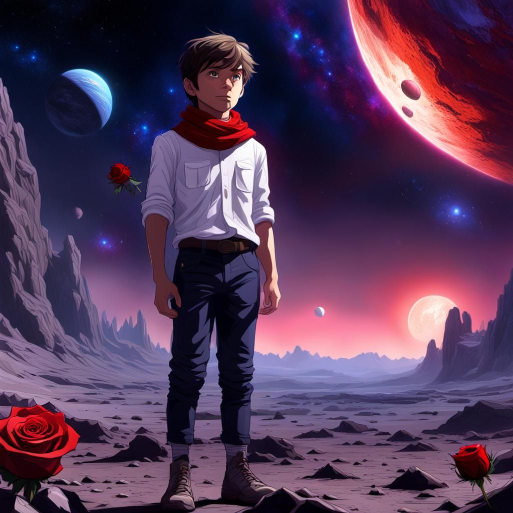 Boy on Asteroid with Rose, Digital Art