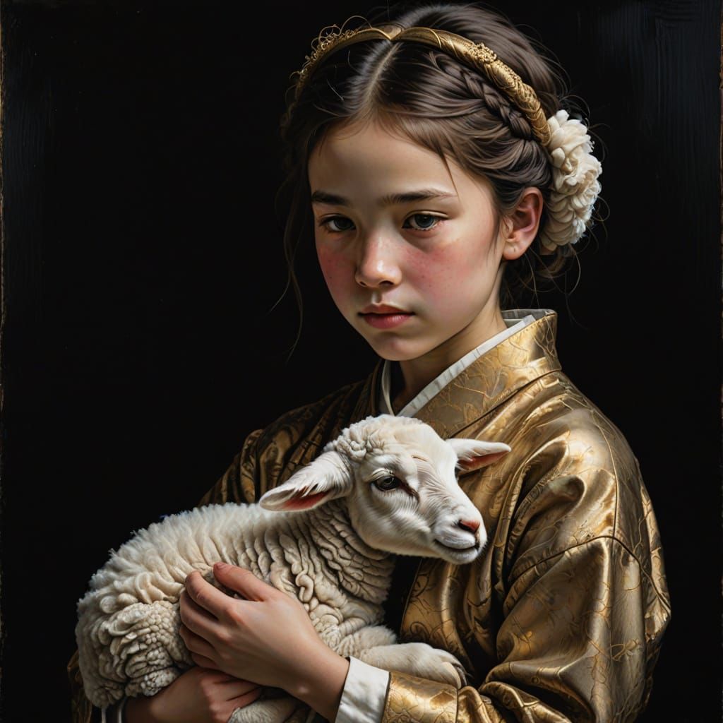 Child with Lamb: Hyperrealistic Portrait with Kintsugi Crack...
