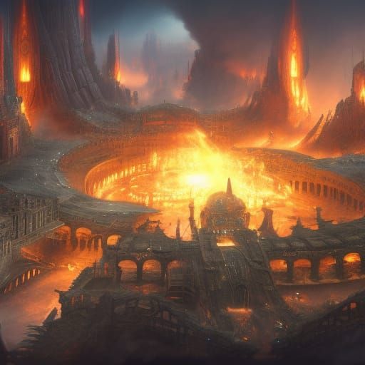 Fiery Coliseum Battle: Detailed Matte Painting