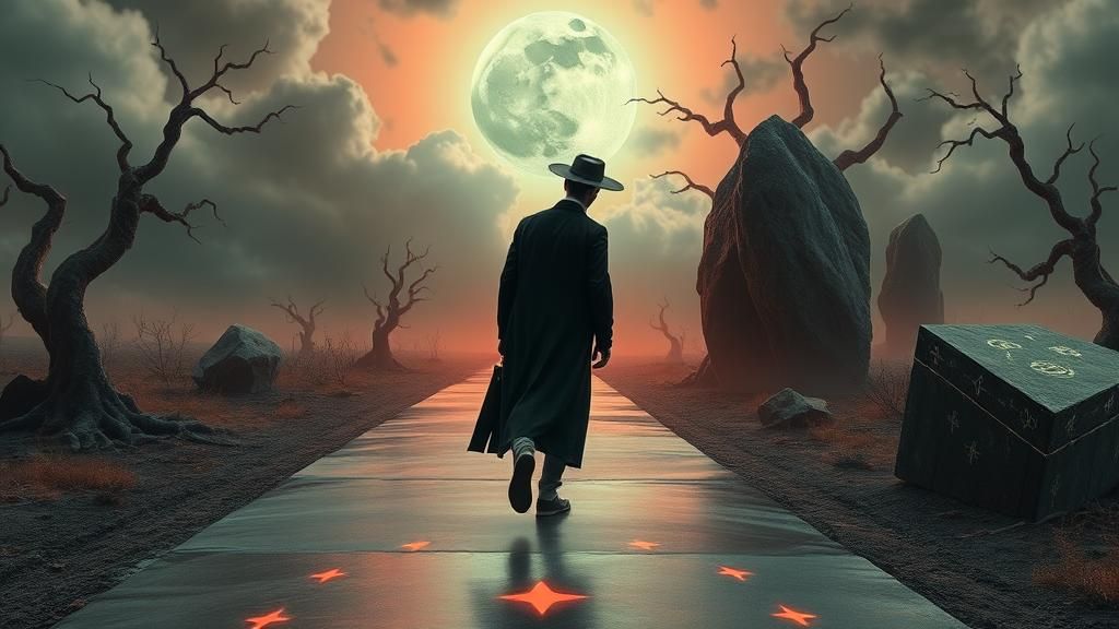 Surreal Traveler on Glass Road with Coffin