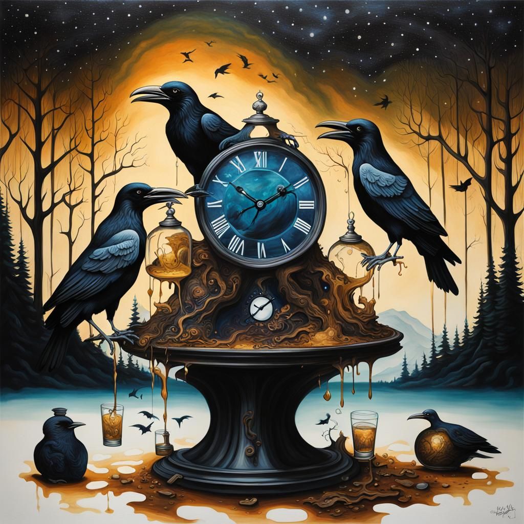 Ravens, Skull Clock, and Stars: Surreal Dark Art