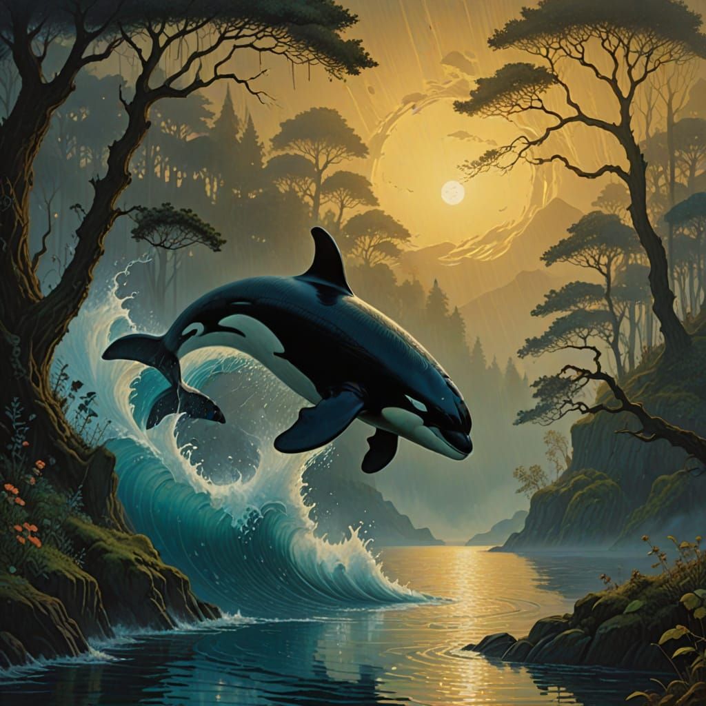 Majestic Orca Whale on Tarot Card in Dreamlike Lake Scene