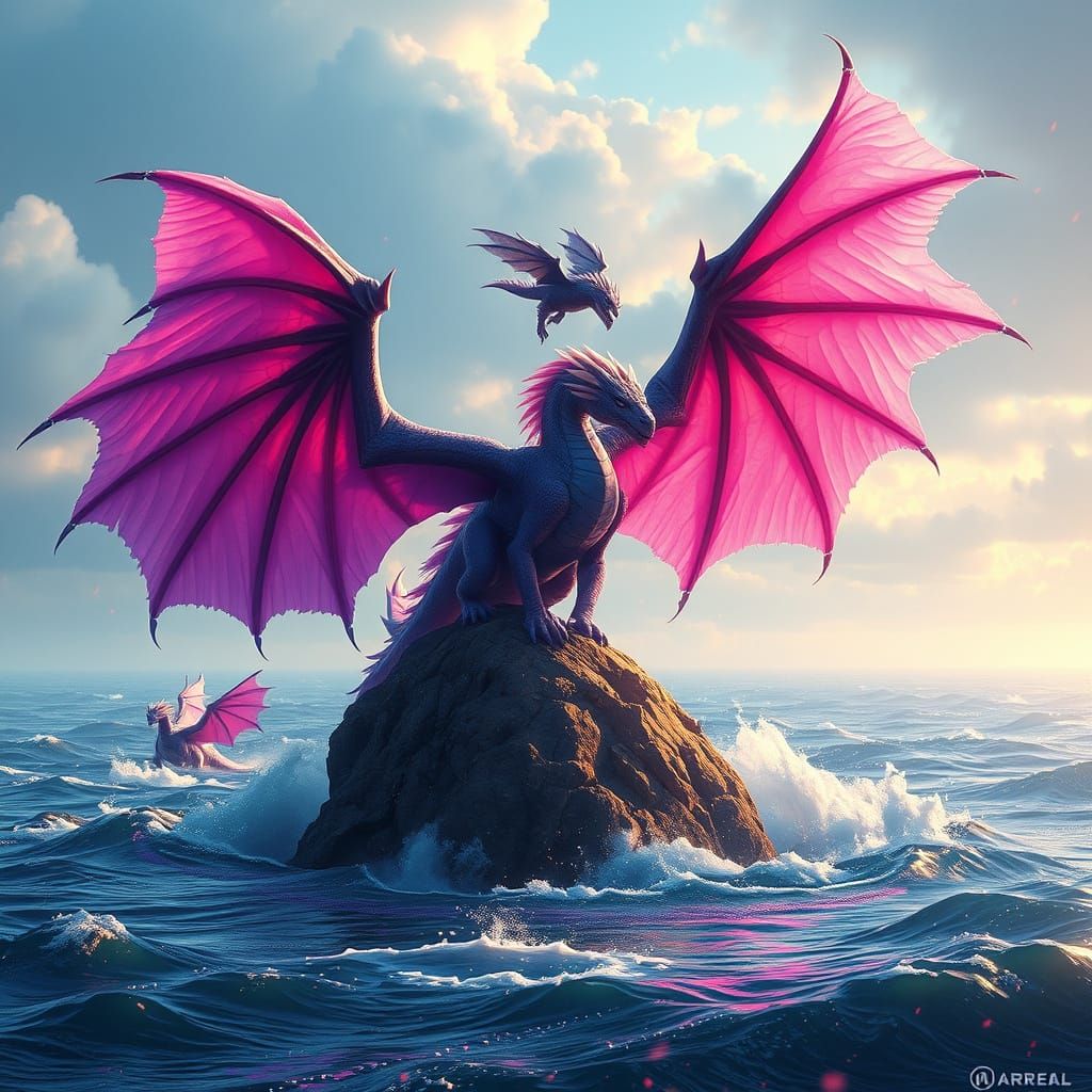 Violet Dragon Landing: Hyperdetailed Ocean Concept Art