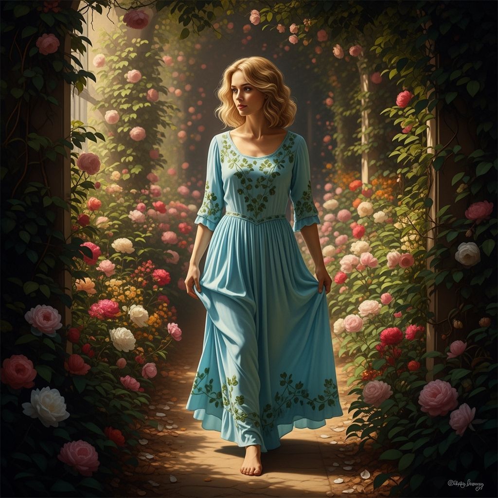 Elegant Woman in Floral Alley, Hyperrealistic Style