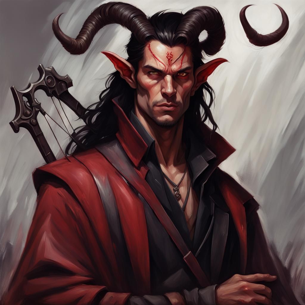 Tiefling Portrait with Crossbow, Dark Fantasy Art