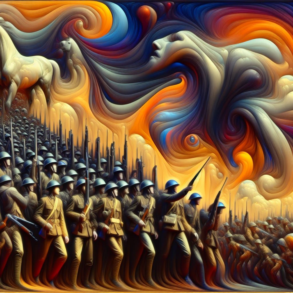 Surreal War Celebration in Dreamlike Oil on Canvas