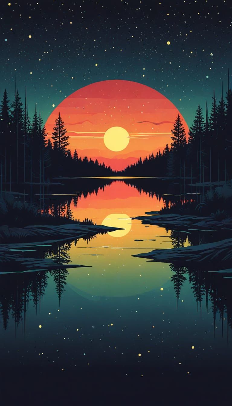 Mid-Century Pop Art Lake Scene at Night