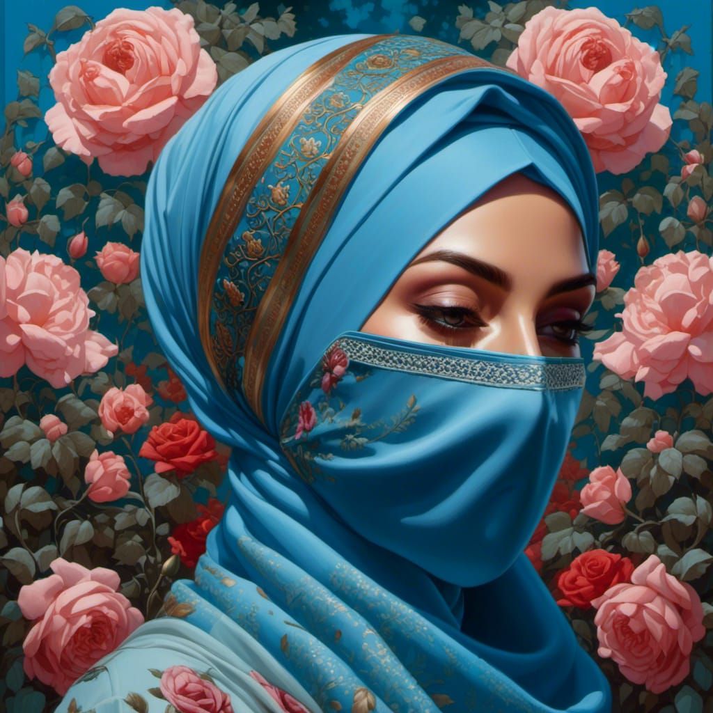 Beautiful Woman in Hijab in Rose Garden Painting