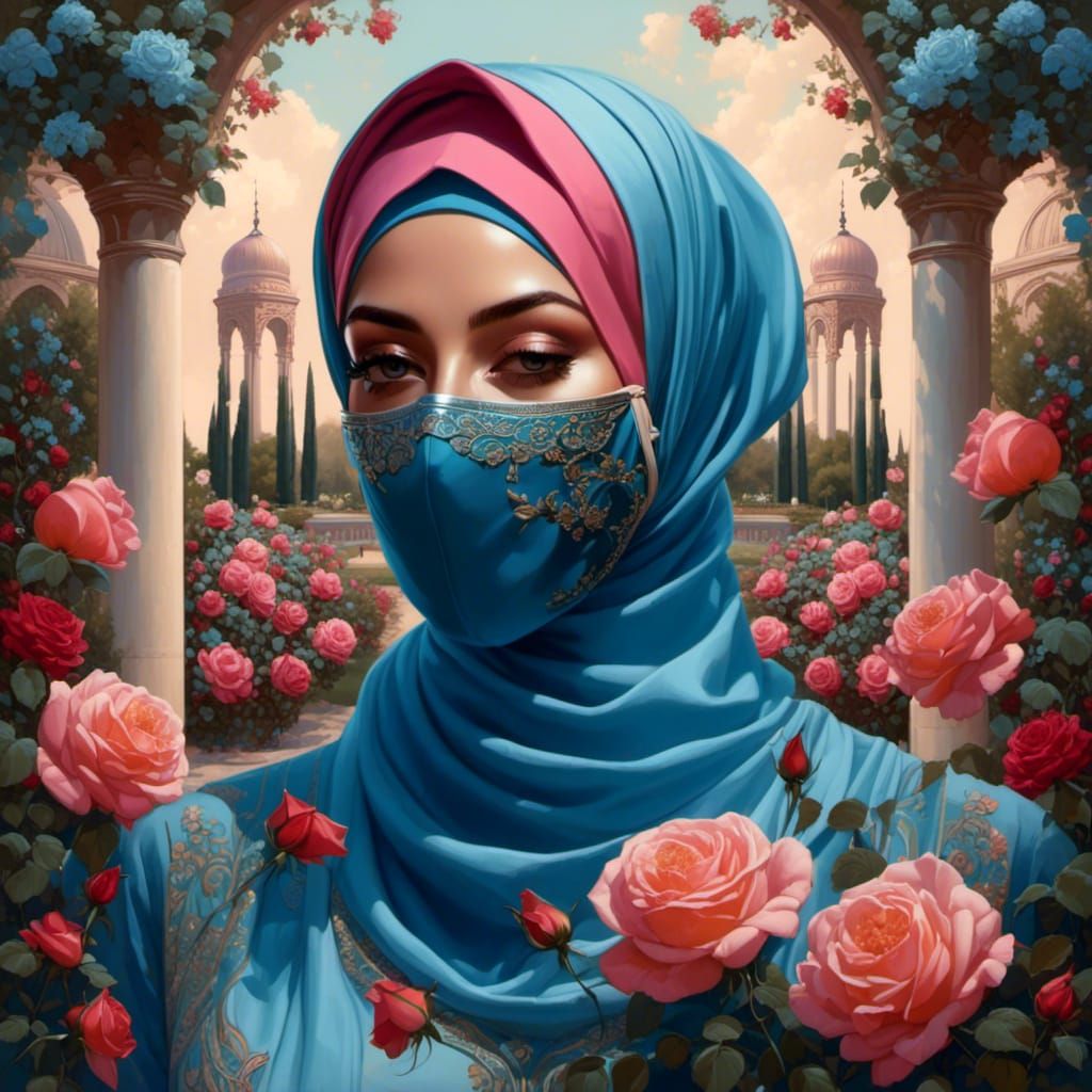 Woman in Hijab in Rose Garden, Oil Painting