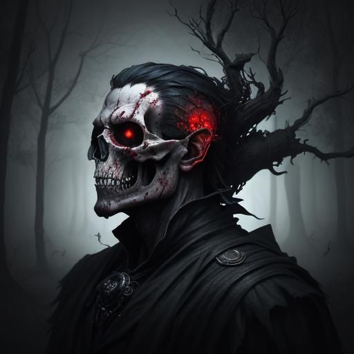 Dark Fantasy Portrait: Man Holding Blood, Twisted Tree