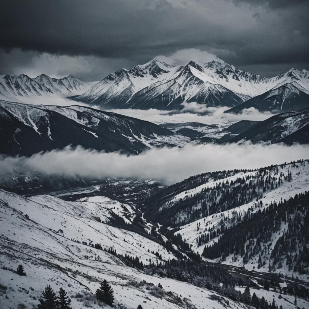 Snowy Mountains Under Stormy Winter Sky
